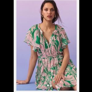 Anthropologie V-Neck Ruffle-Sleeve Pleated Dress in Pink Combo Size Small